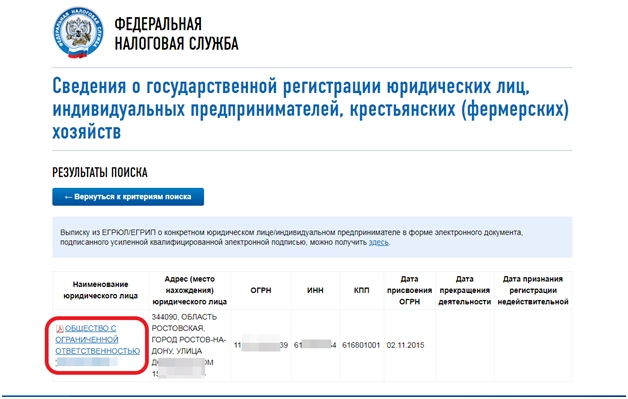 Данные ООО на сайте федеральной налоговой службы
