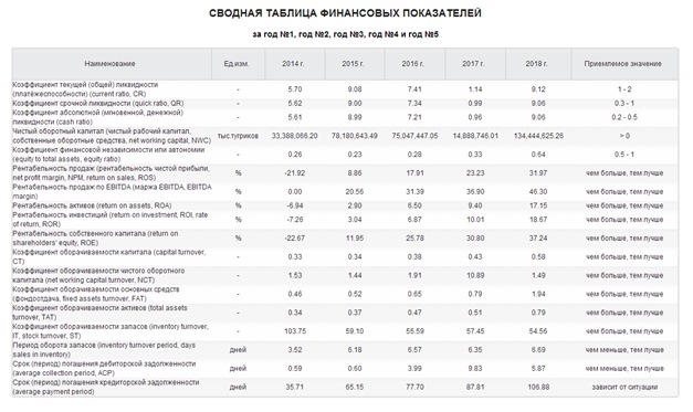 Сводная таблица финансовых показателей