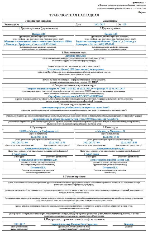 Образец транспортной накладной